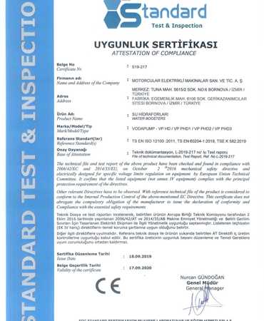UYGUNLUK SERTİFİKASI HİDROFOR