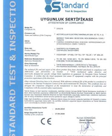UYGUNLUK SERTİFİKASI POMPA